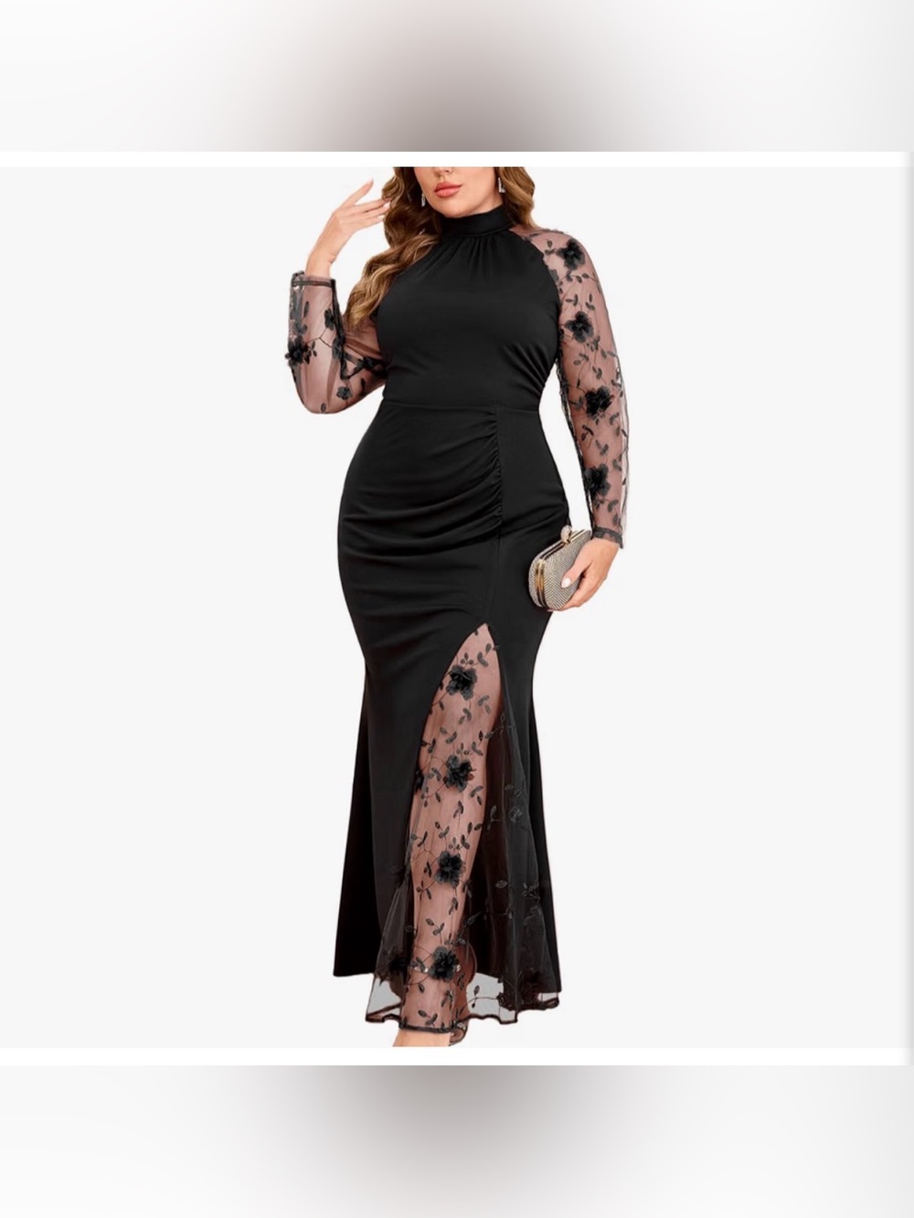 Tiaraly Elegant Black Floral Mesh Sleeve Maxi Dress NEW AVAIL L PLUS- 4XL